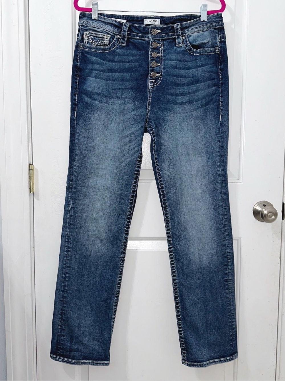 Vigoss straight-leg denim jeans featuring a medium-to-dark wash